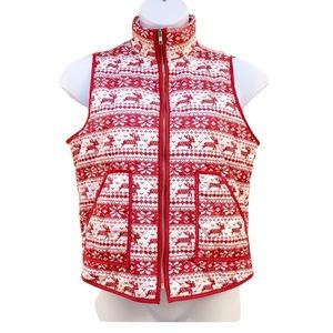 Fair Isle Christmas/Holiday Vest! Reindeer & Snowflakes Red & White, Zip Sz. L